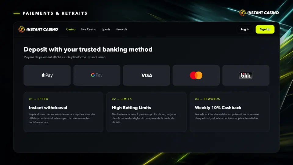 Paiements et retraits Instant Casino